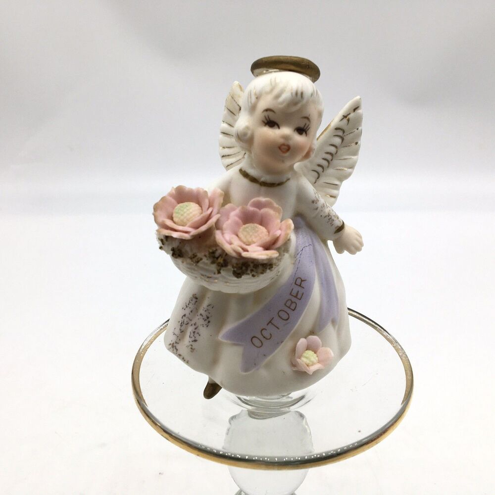 Vintage Lefton October Birthday Angel Figurine Lavendar Sash Pink Flowers #3332